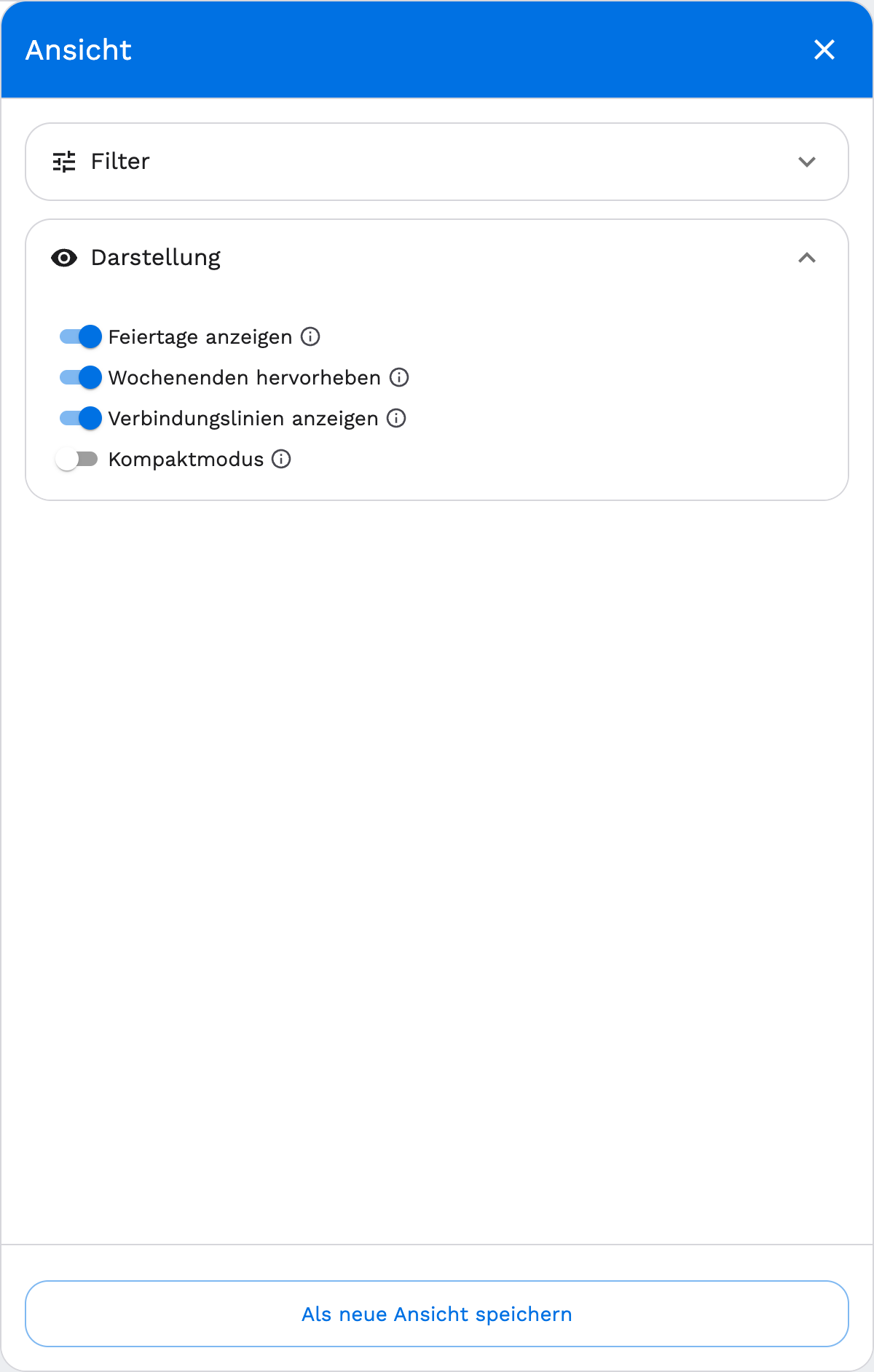 Filterpanel "Ansicht" mit Filter und Darstellung