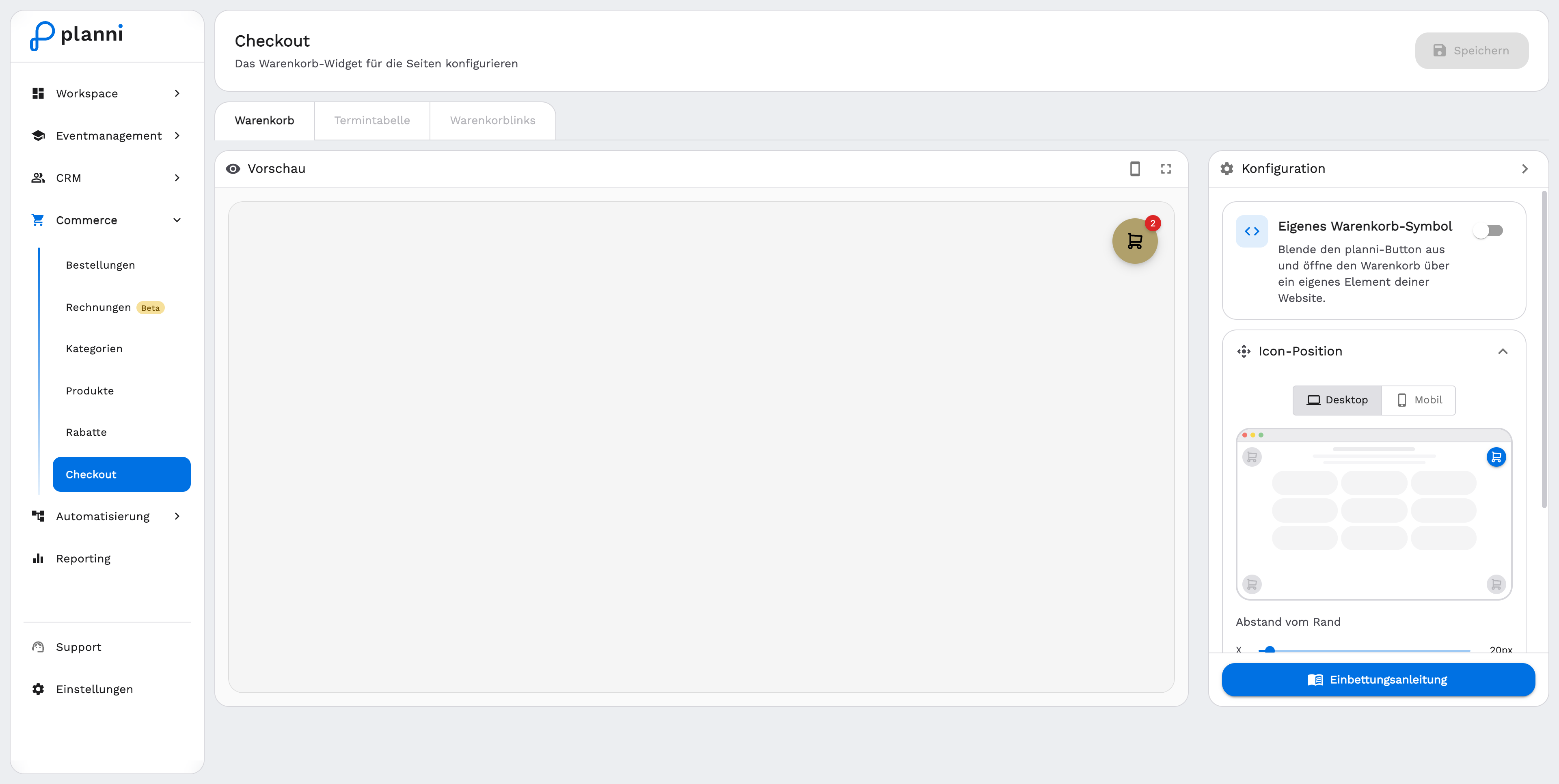 Checkout, Warenkorb tab with configuration