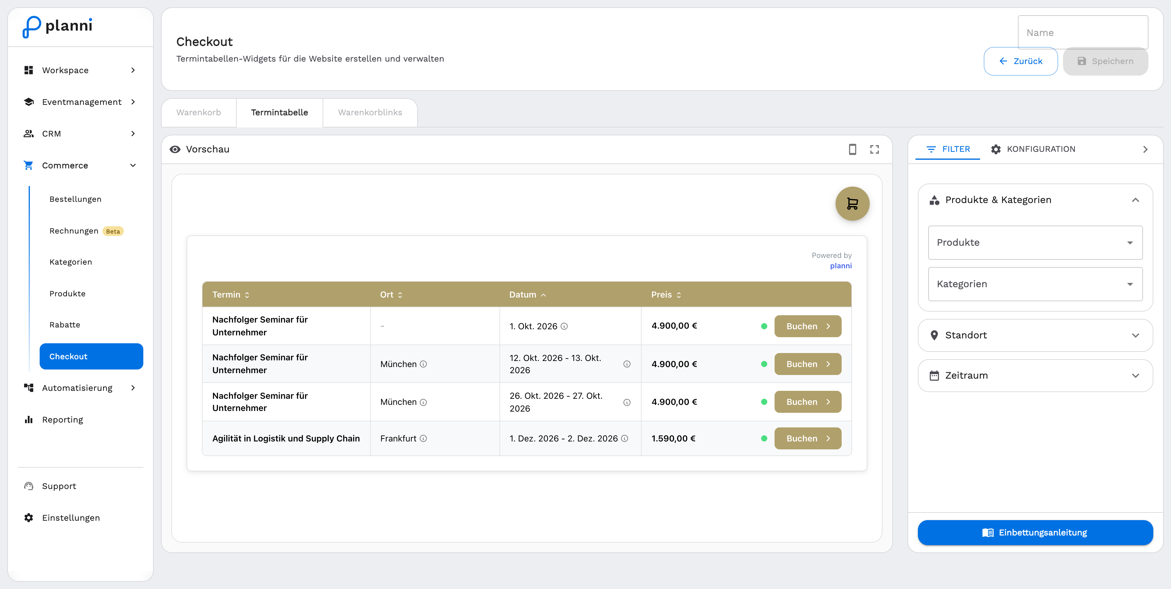 Create an event table, with filter and configuration