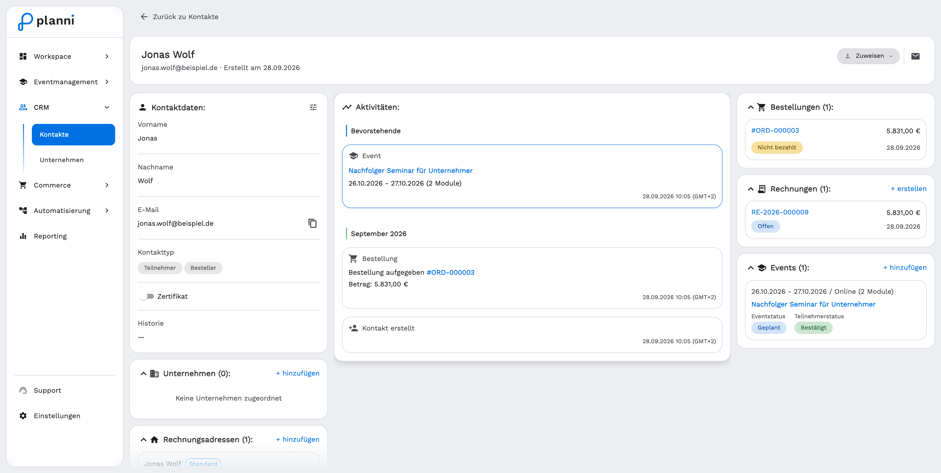 Contact detail page with master data, activity and links