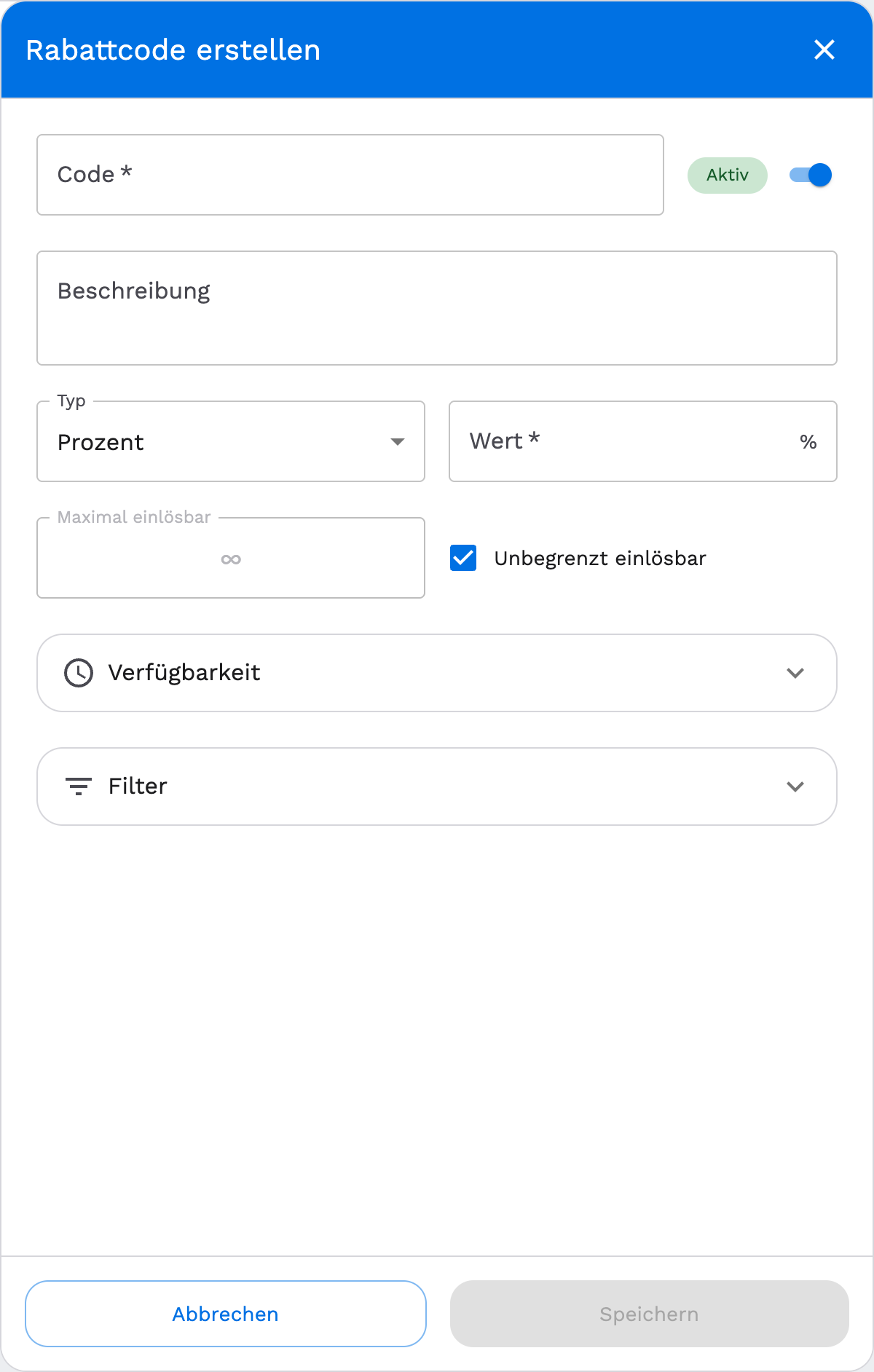 Rabattcode erstellen mit Typ, Wert und Verfügbarkeit