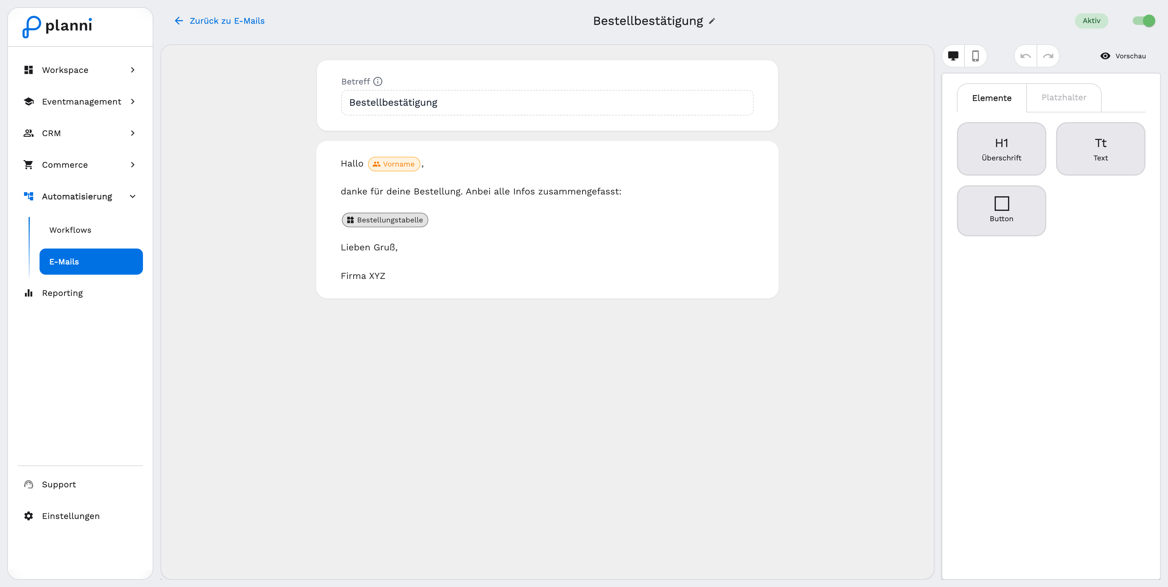 E-Mail-Editor mit Betreff, Inhalt und Elemente-Tab