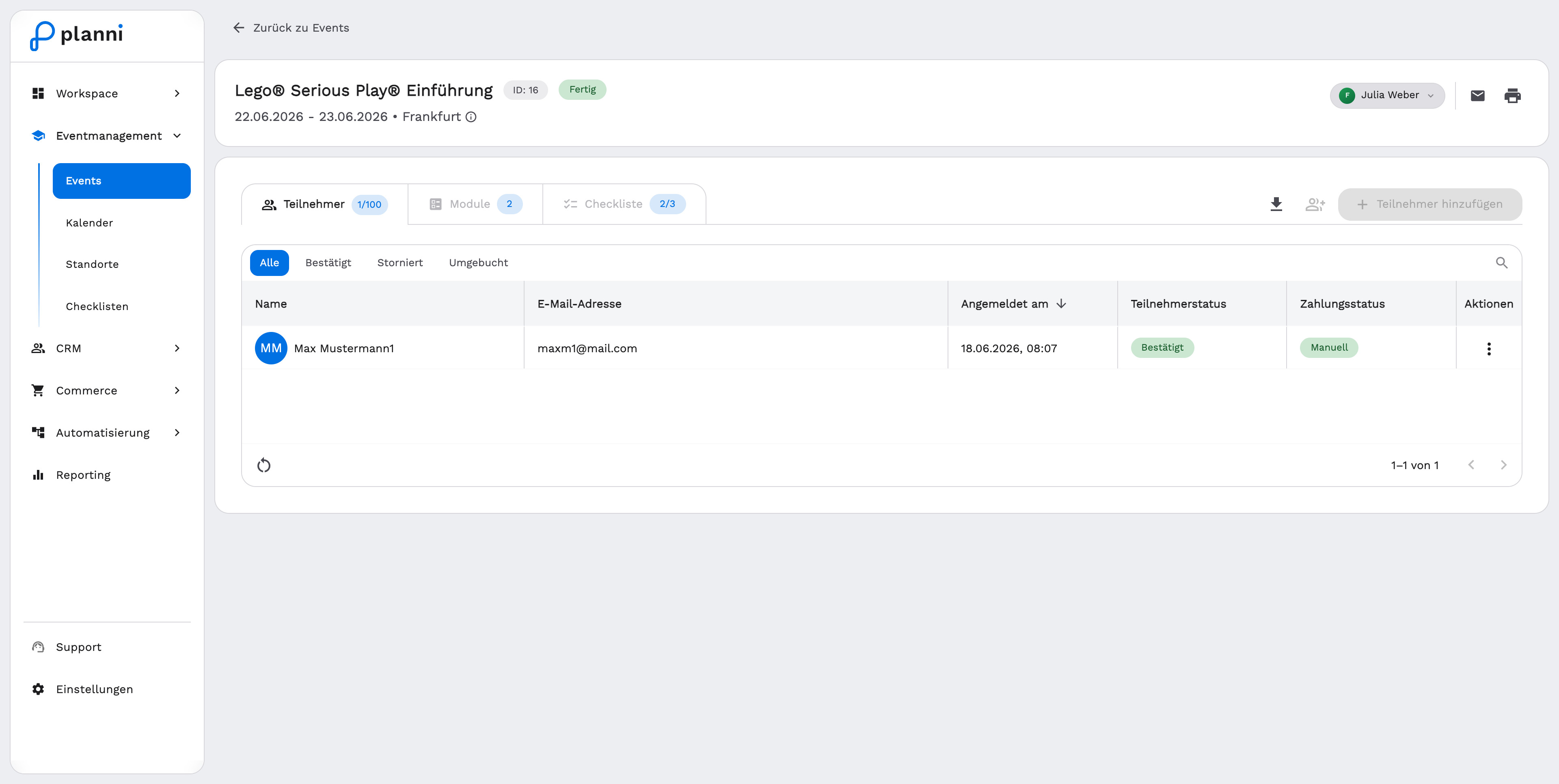 Event-Detailseite mit Status, Tabs und Icons