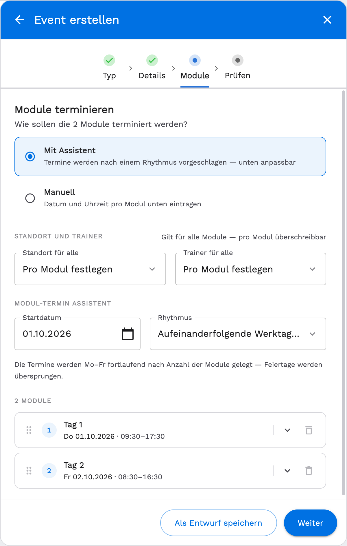 Schritt Module im Event-Assistenten