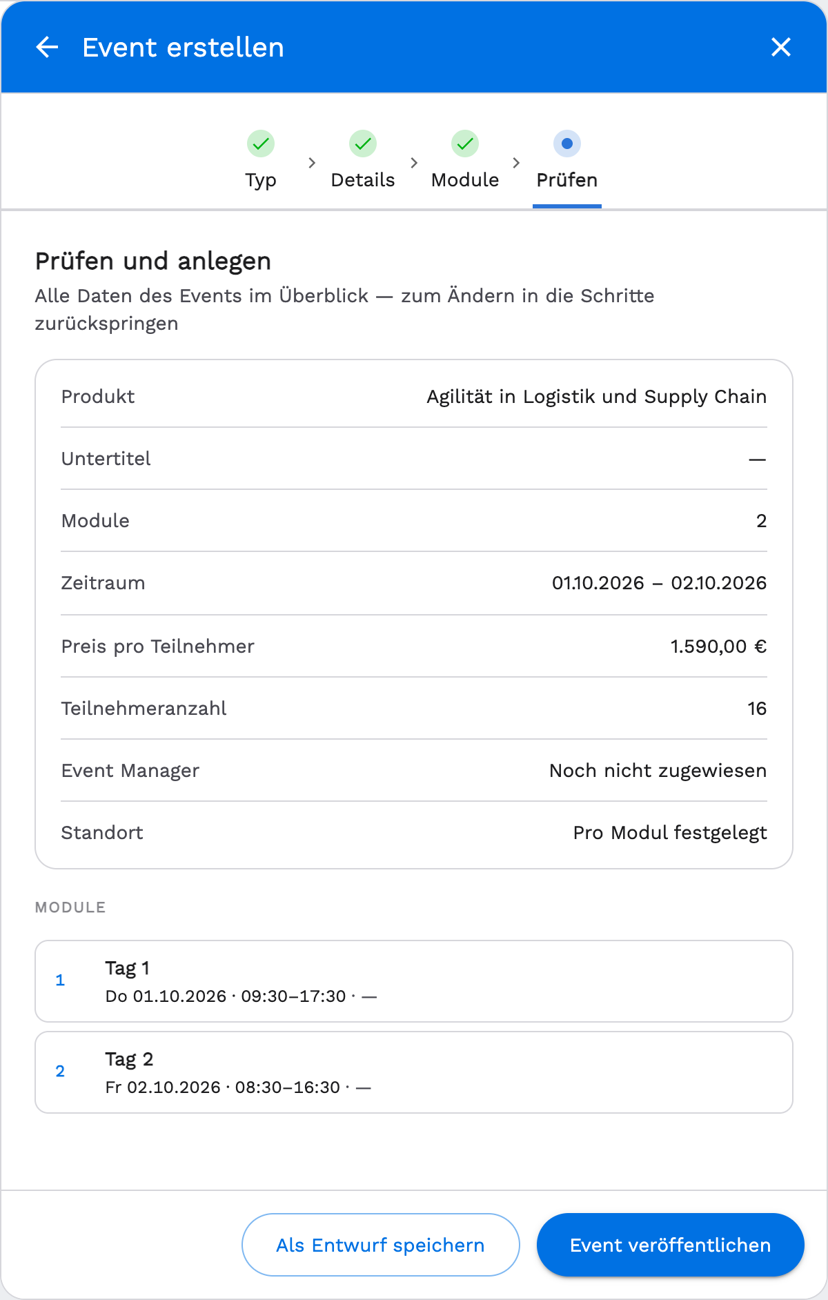 Schritt Prüfen im Event-Assistenten