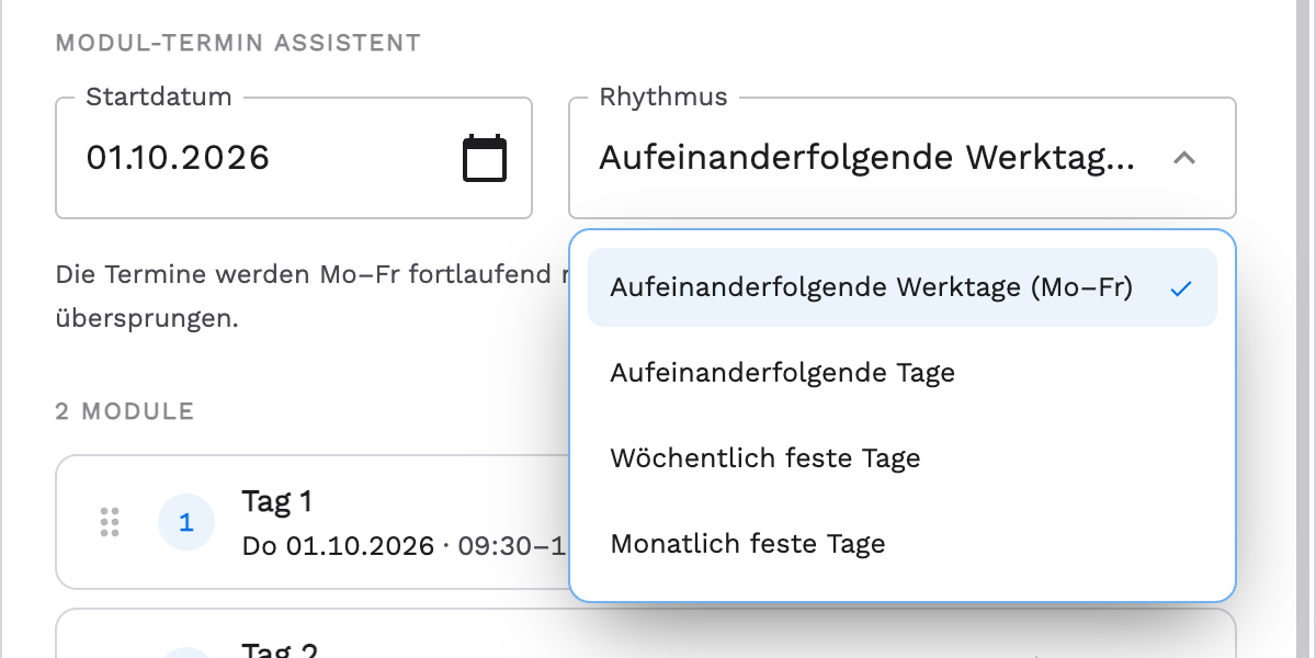 Rhythmus-Optionen des Assistenten