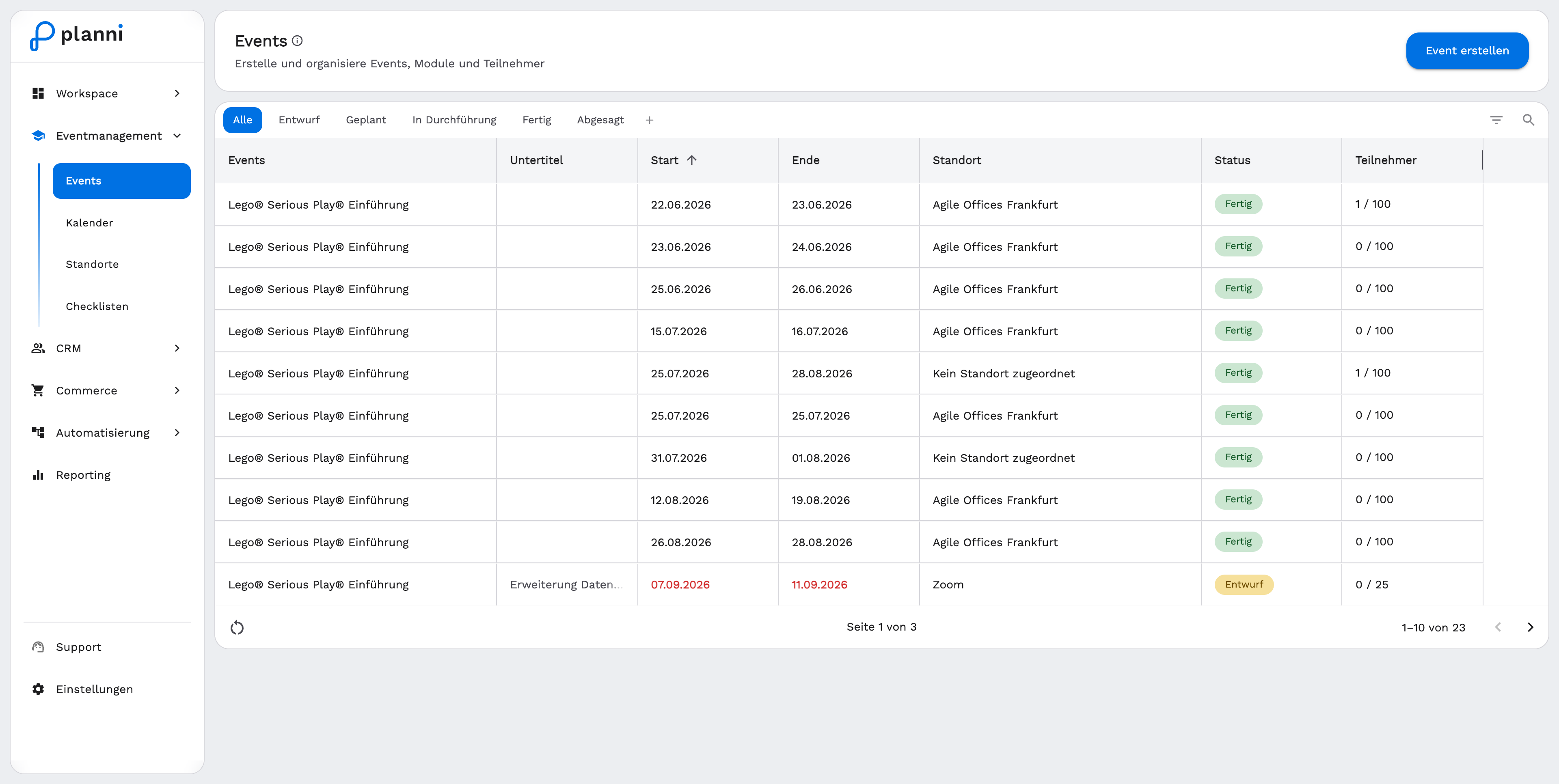 Event list with status tabs and columns