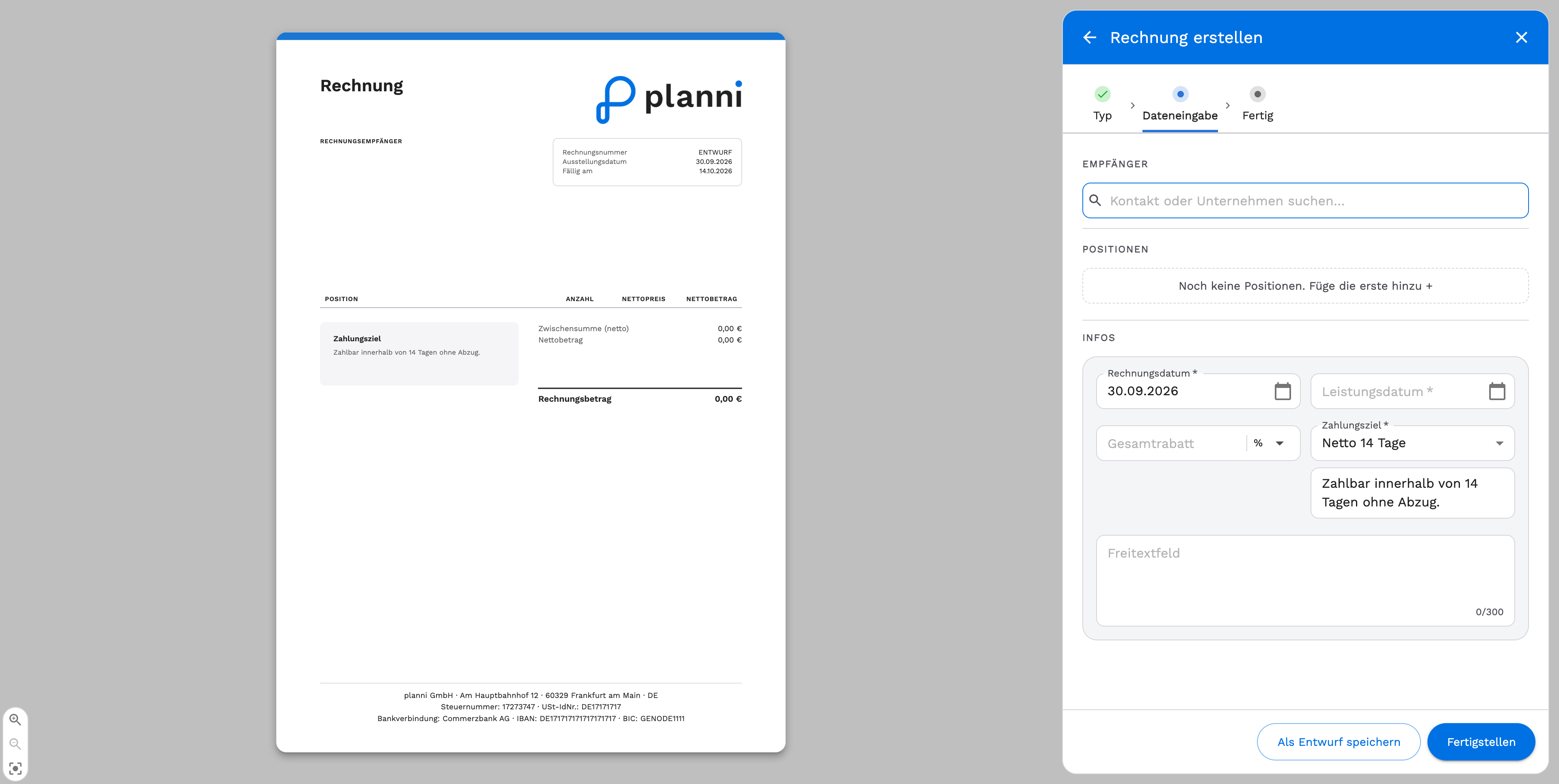 Create an invoice, with live preview and data entry