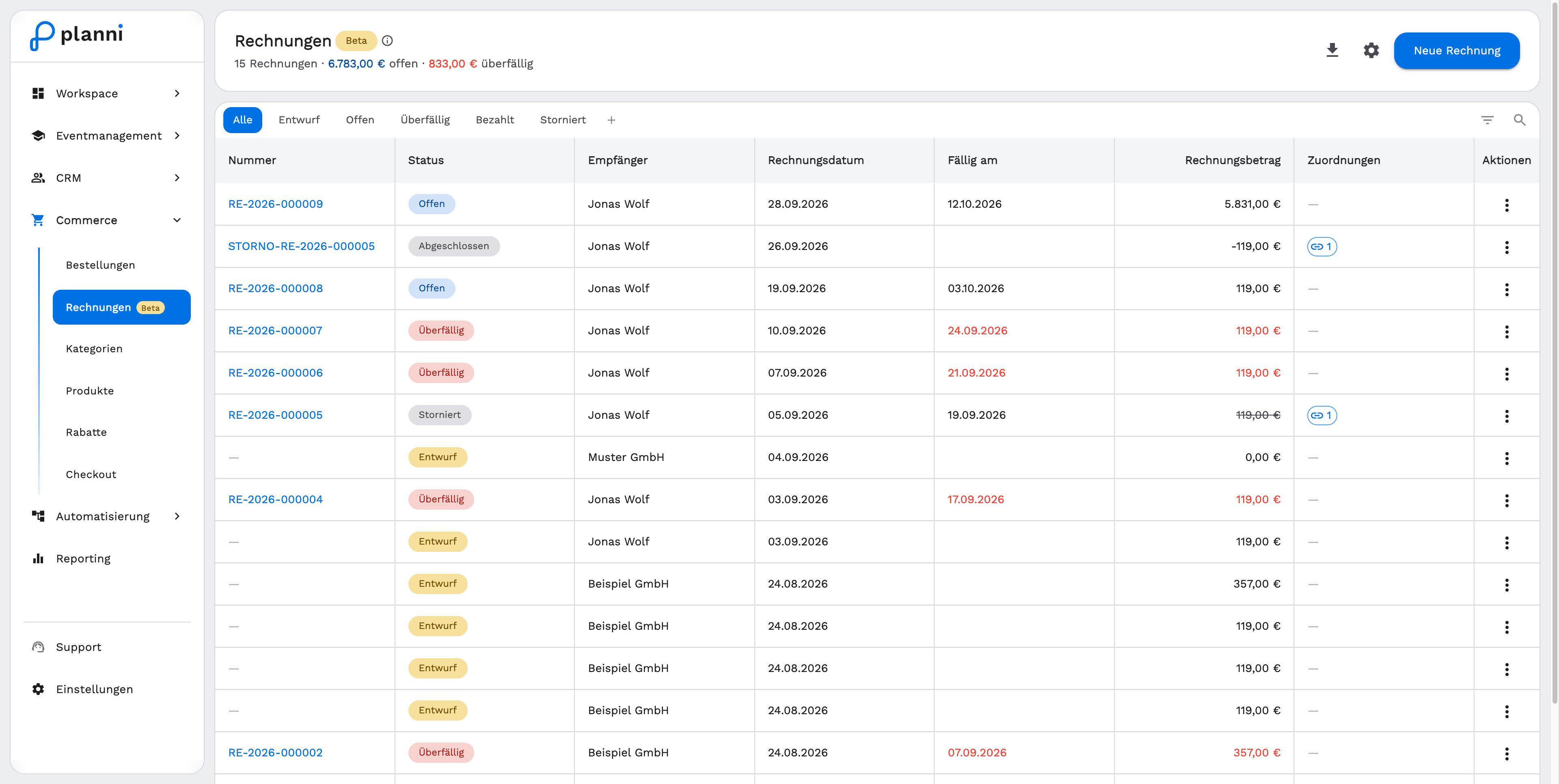 Invoice list with status tabs and totals