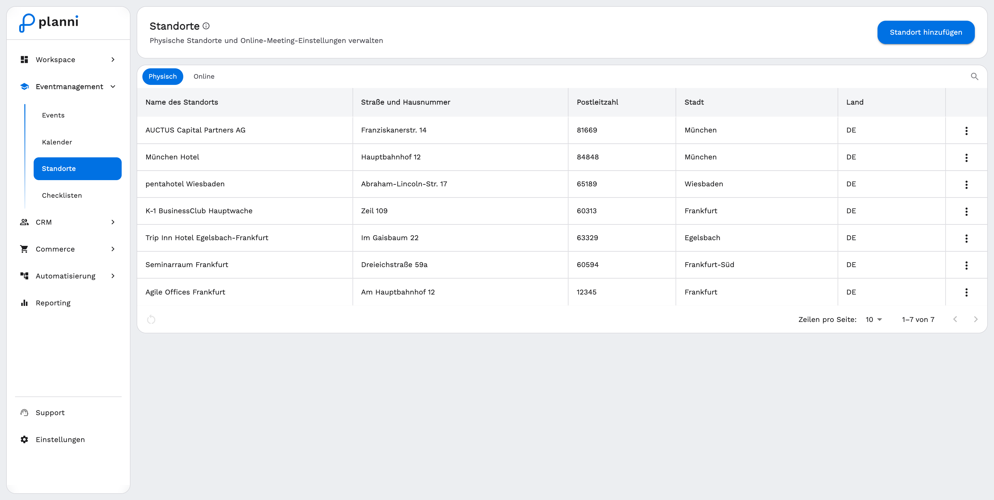 Standortliste mit den Tabs Physisch und Online