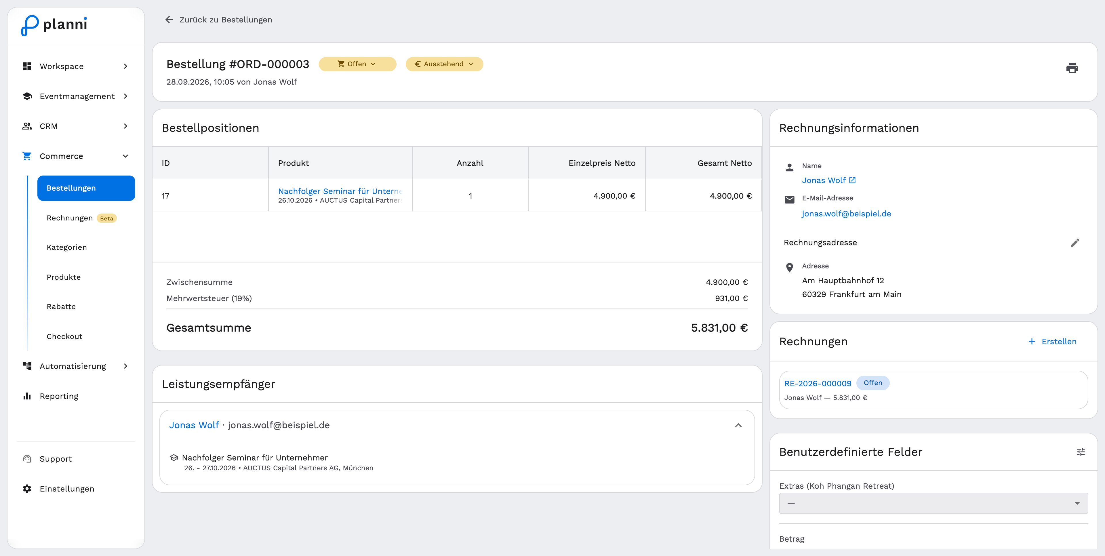 Order detail with status chips, order lines and billing information