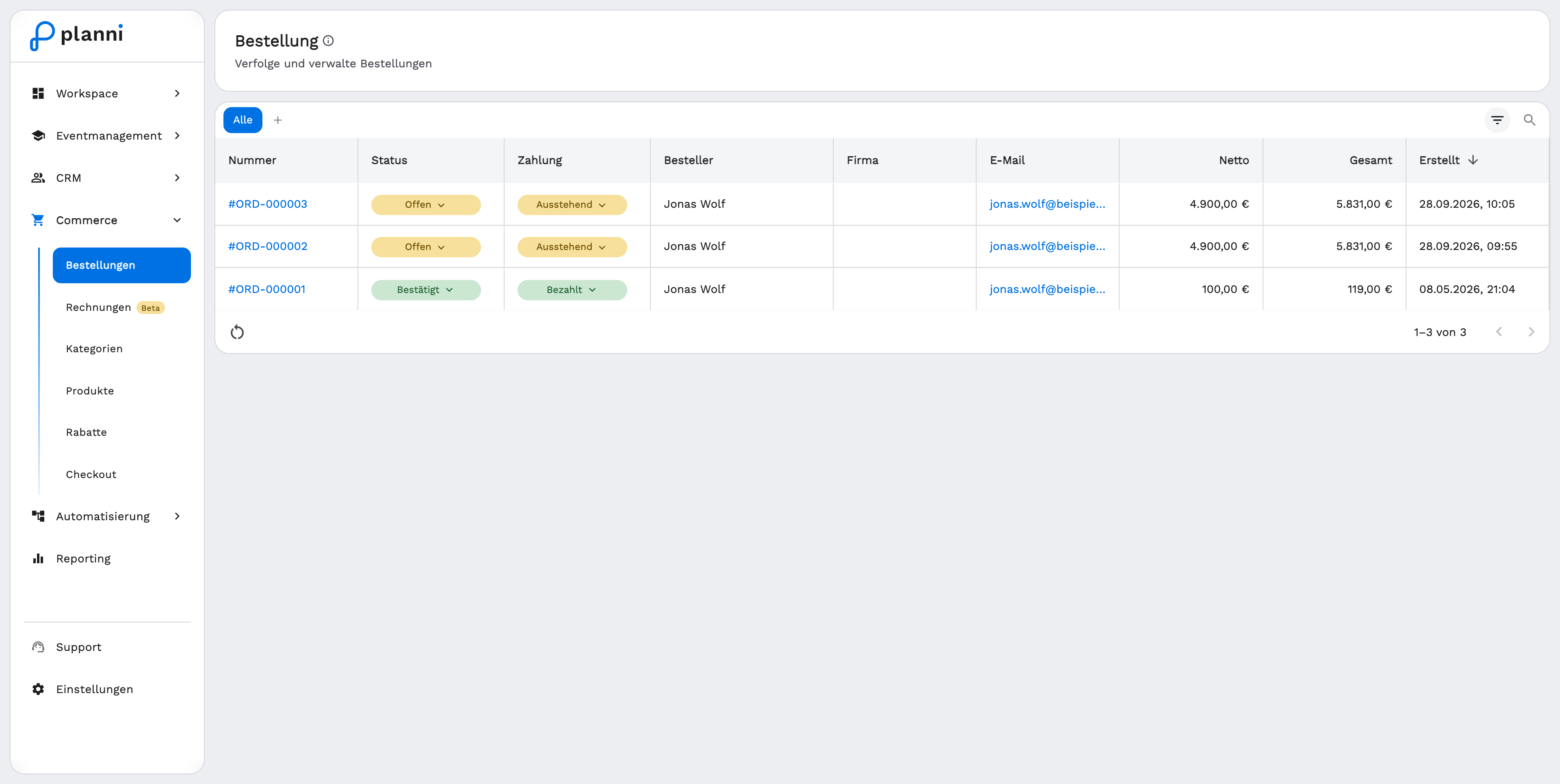 Order list with status and payment chips