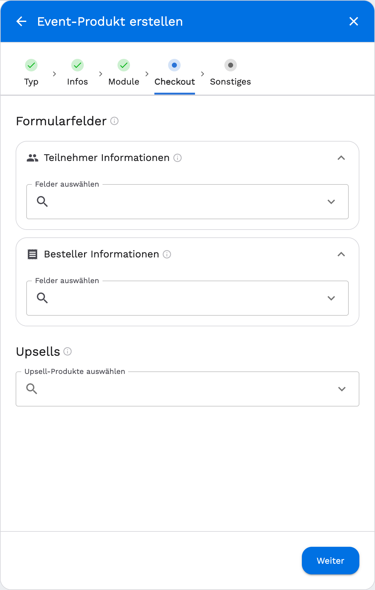 Event-Produkt: Schritt Checkout mit Formularfeldern und Upsells