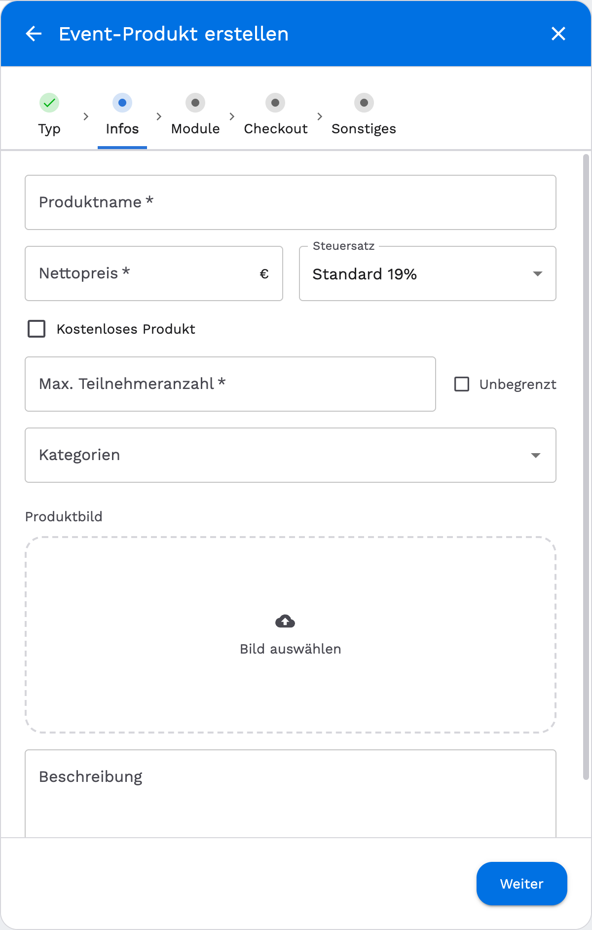 Event-Produkt: Schritt Infos mit Produktname, Preis, Kapazität