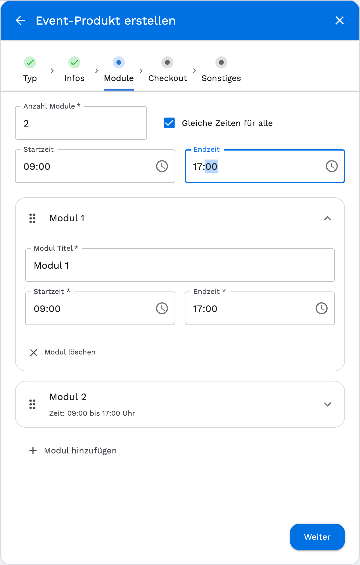 Event-Produkt: Schritt Module mit Anzahl und Zeiten je Modul