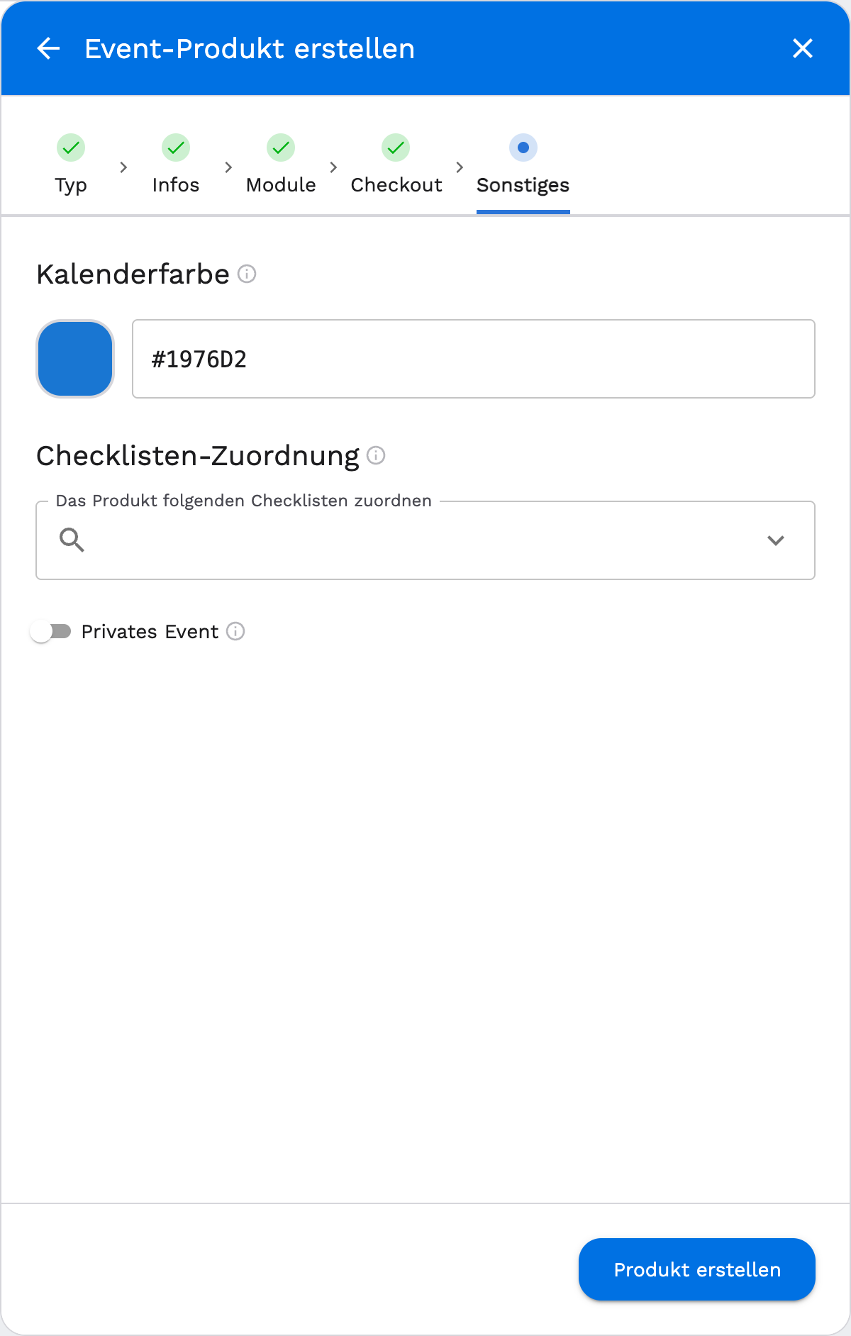 Event-Produkt: Schritt Sonstiges mit Kalenderfarbe, Checkliste und Privates Event