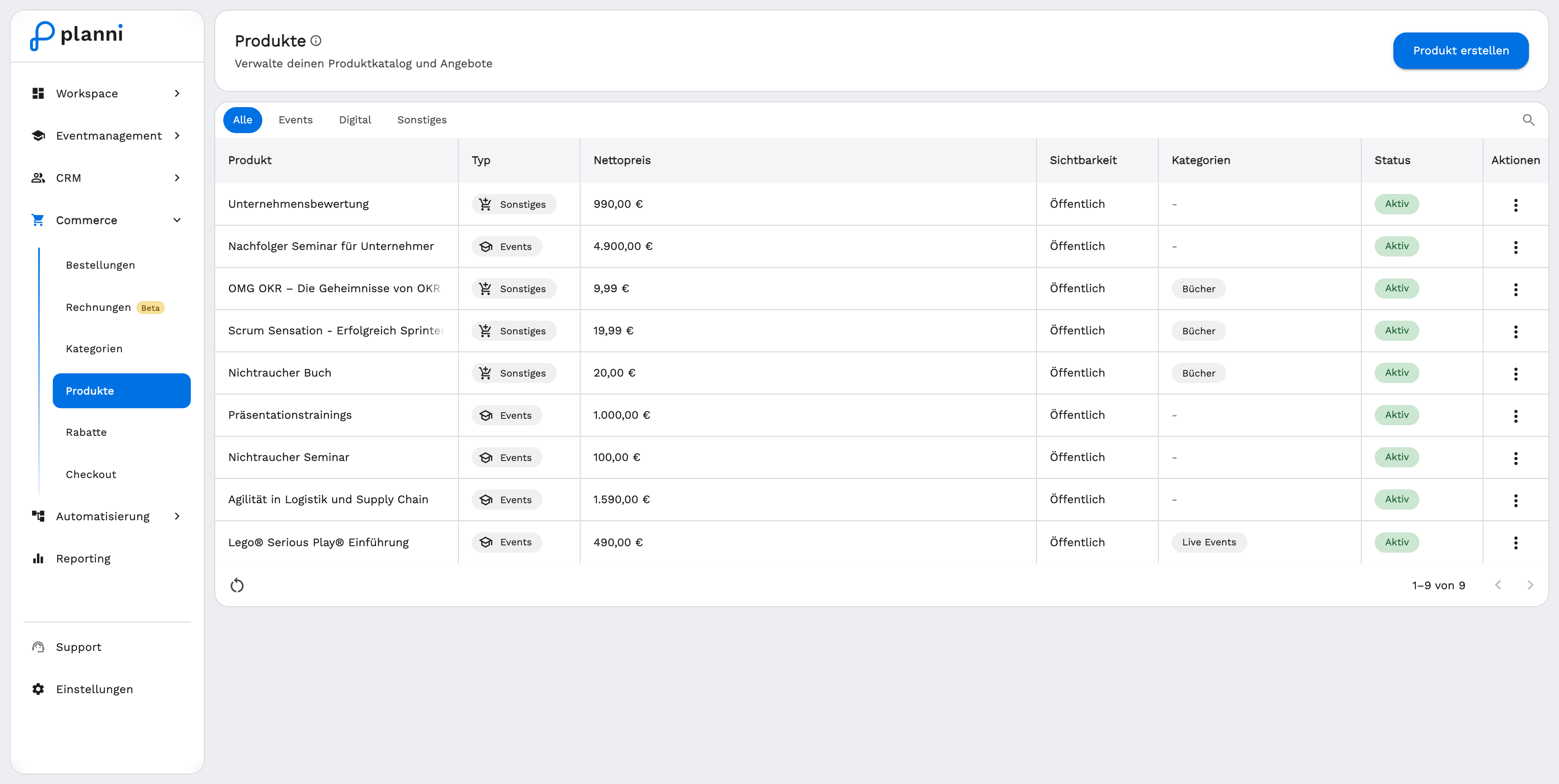 Produktliste mit Tabs Alle, Events, Digital, Sonstiges