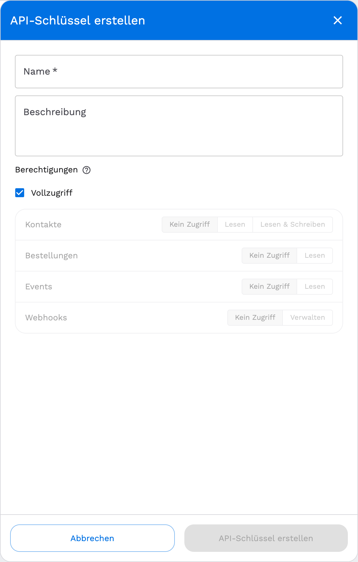 Permissions when creating an API key