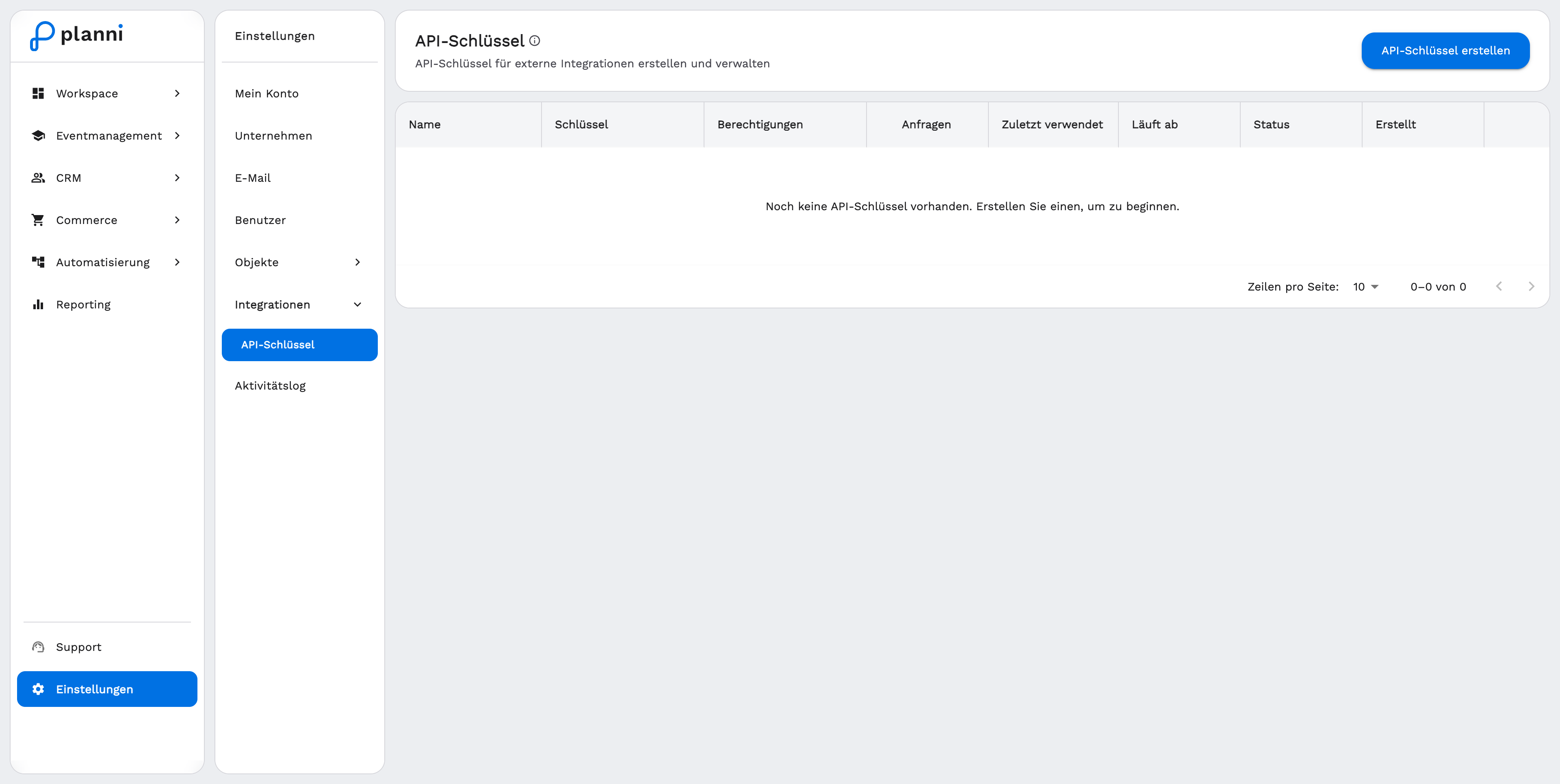 API keys list with permissions and status