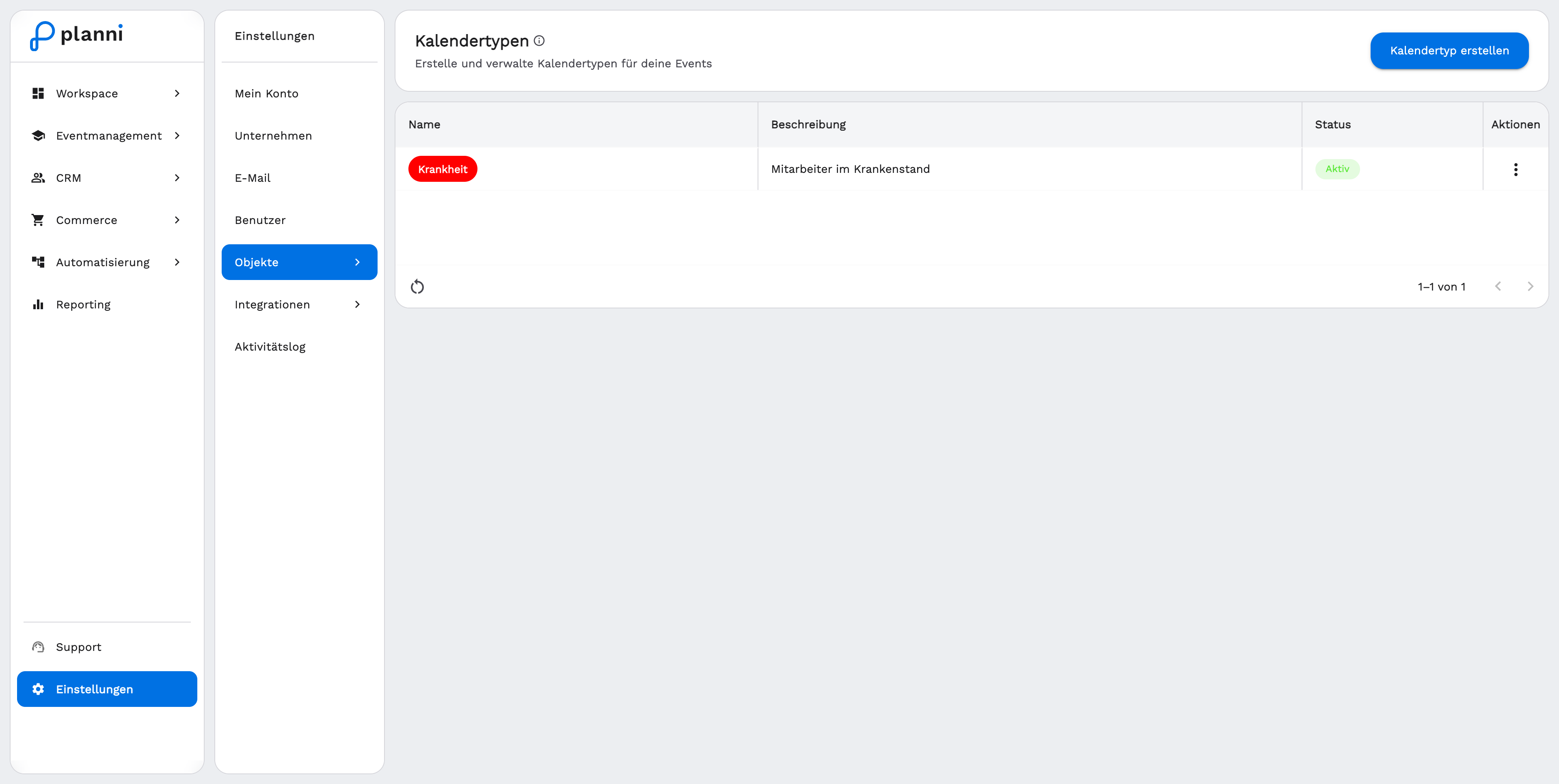 Liste der Kalendertypen mit farbigen Chips und Status