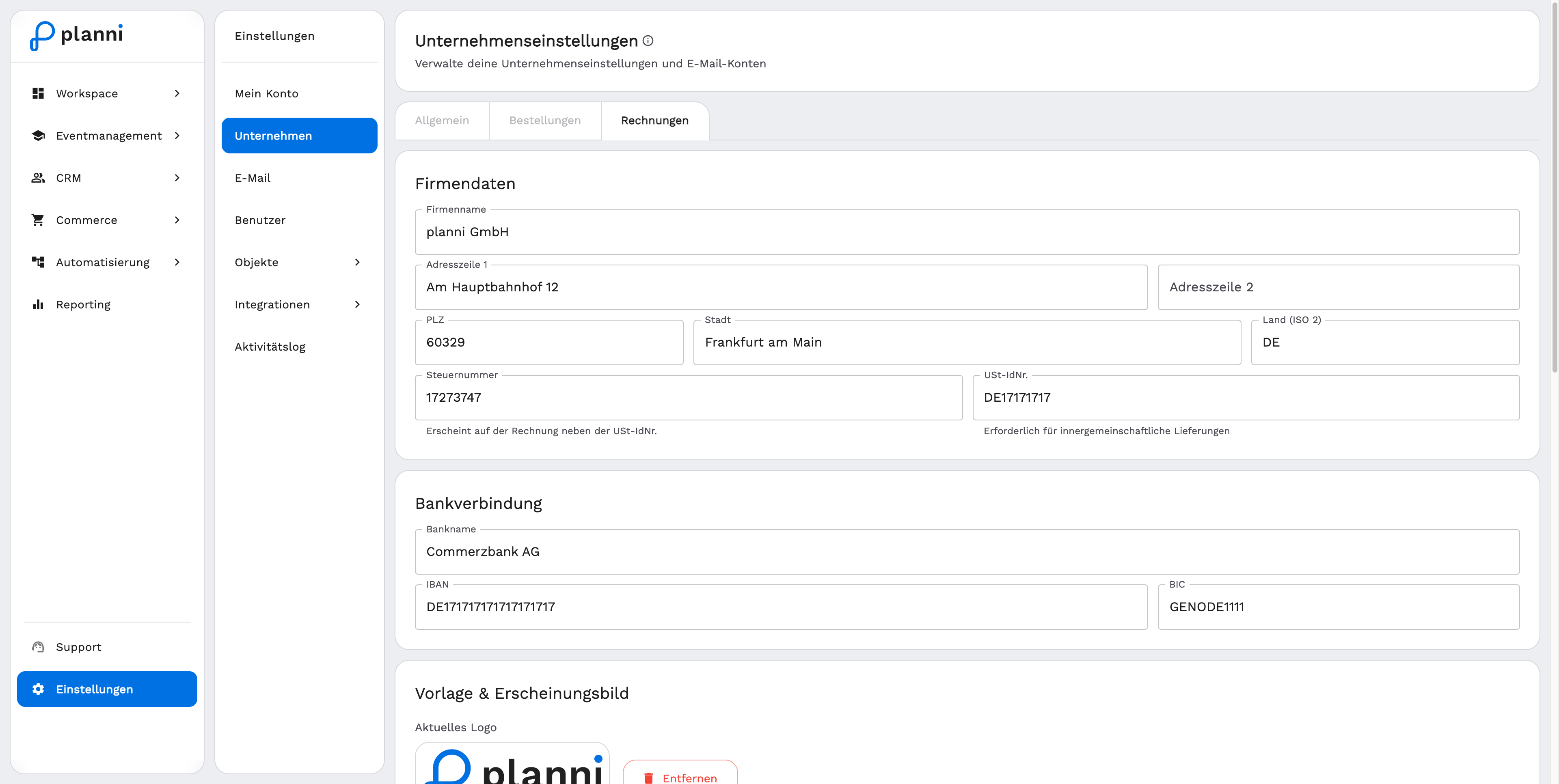 Tab Rechnungen mit Firmendaten, Bankverbindung und Rechnungsnummer