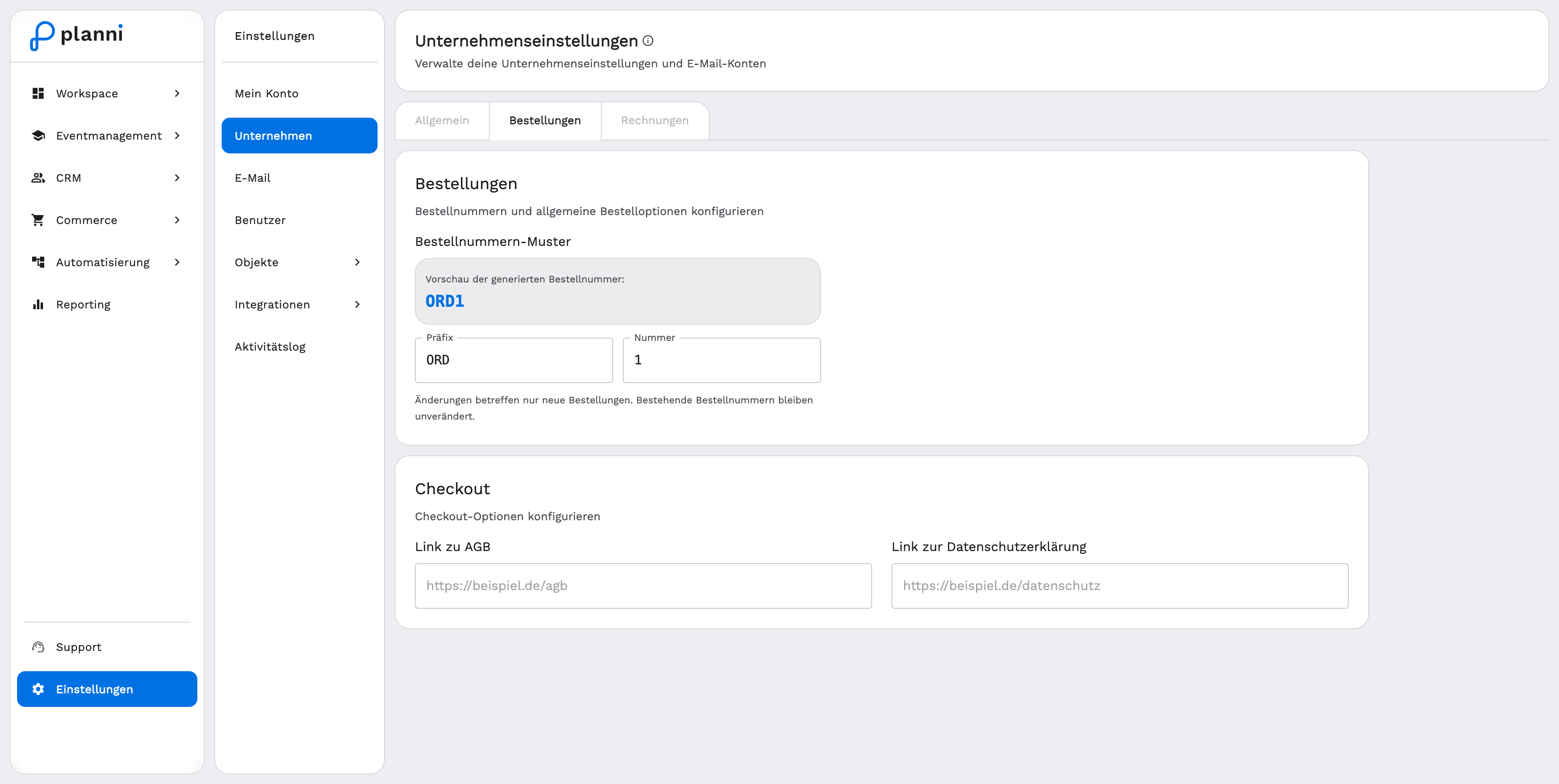 Tab Bestellungen mit Bestellnummern-Muster und Checkout-Links