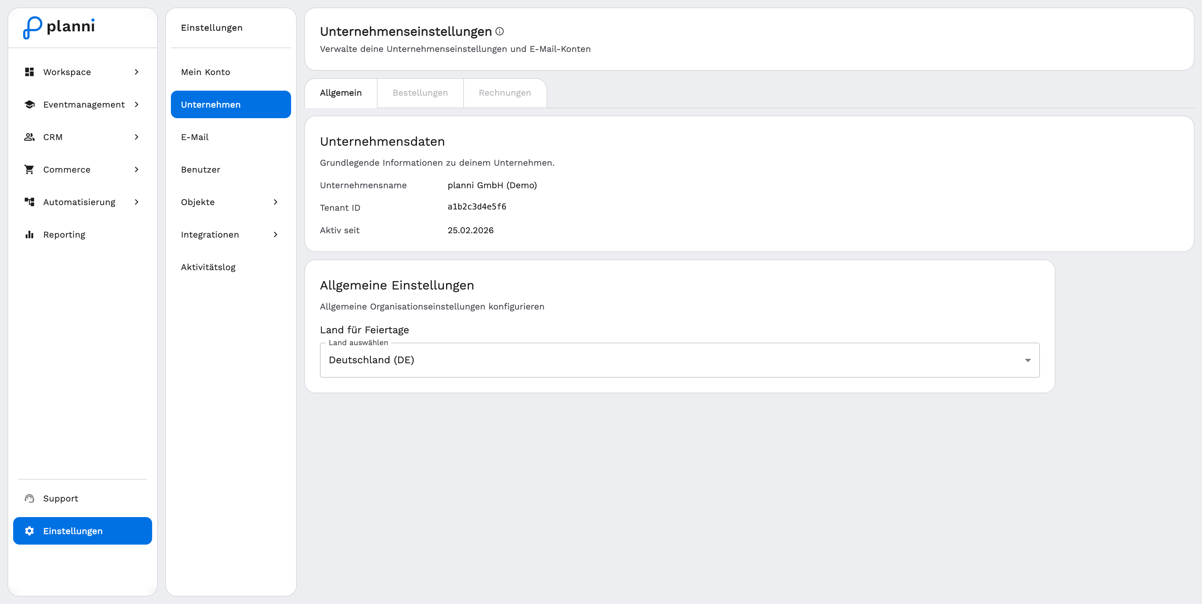 Unternehmenseinstellungen mit Tabs Allgemein, Bestellungen und Rechnungen