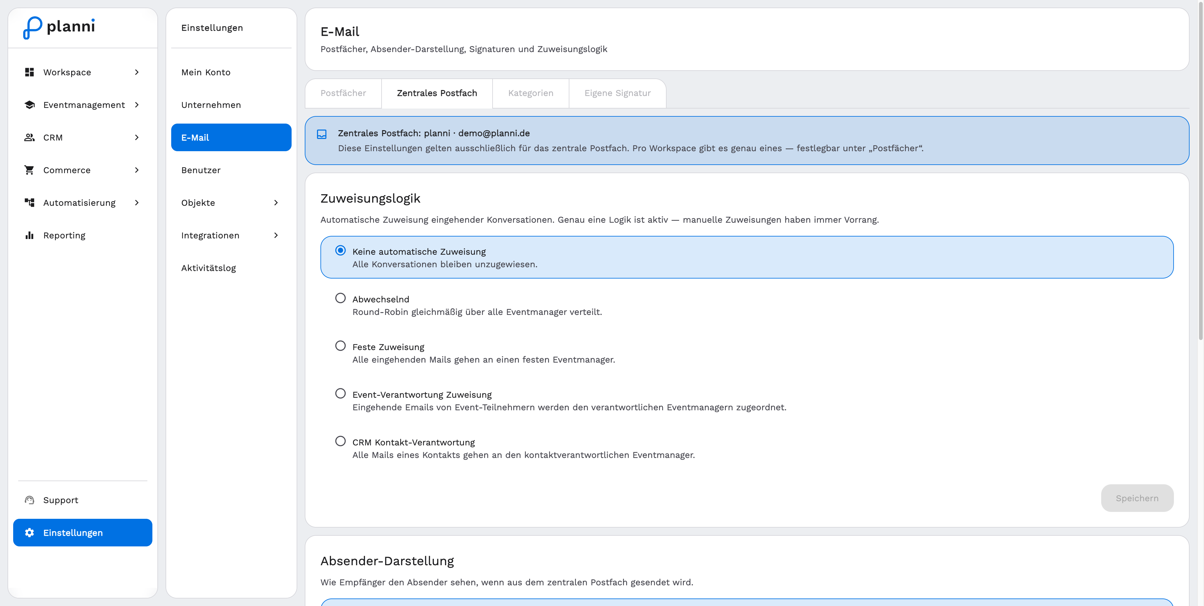 Zentrales Postfach mit Zuweisungslogik und Absender-Darstellung