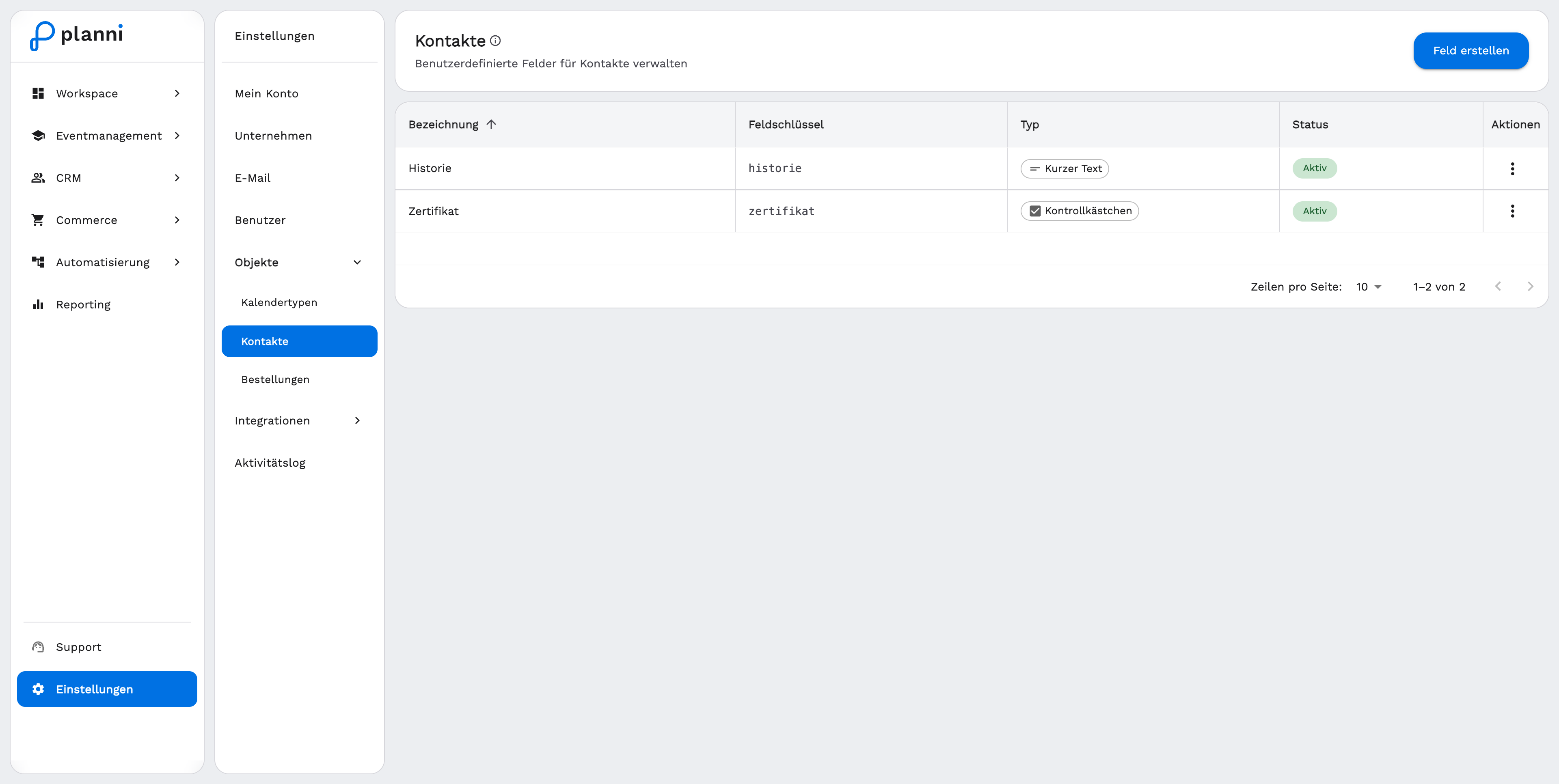 Custom fields for contacts with field key and type