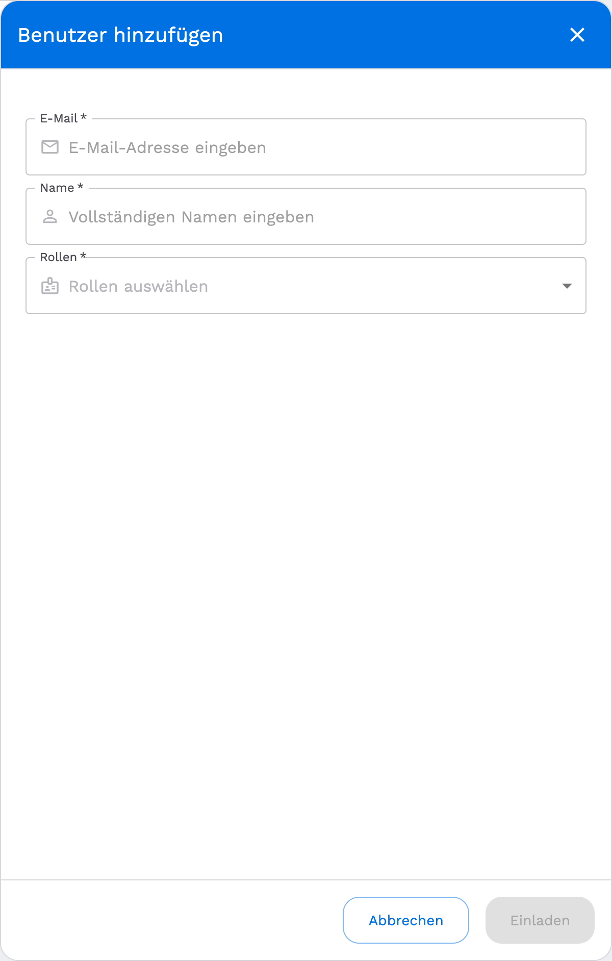 Add User panel with e-mail, name and roles