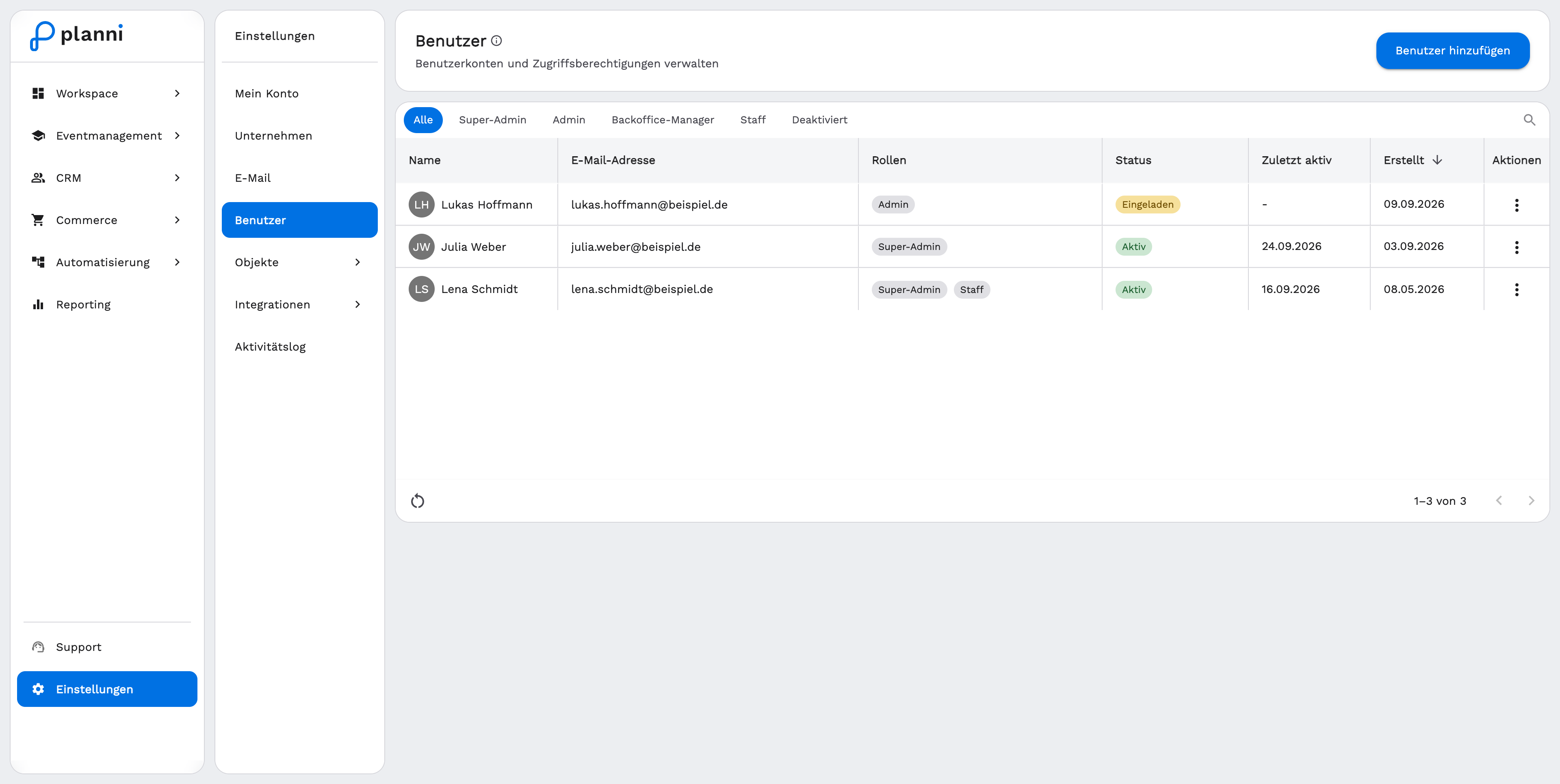 User list with roles and status