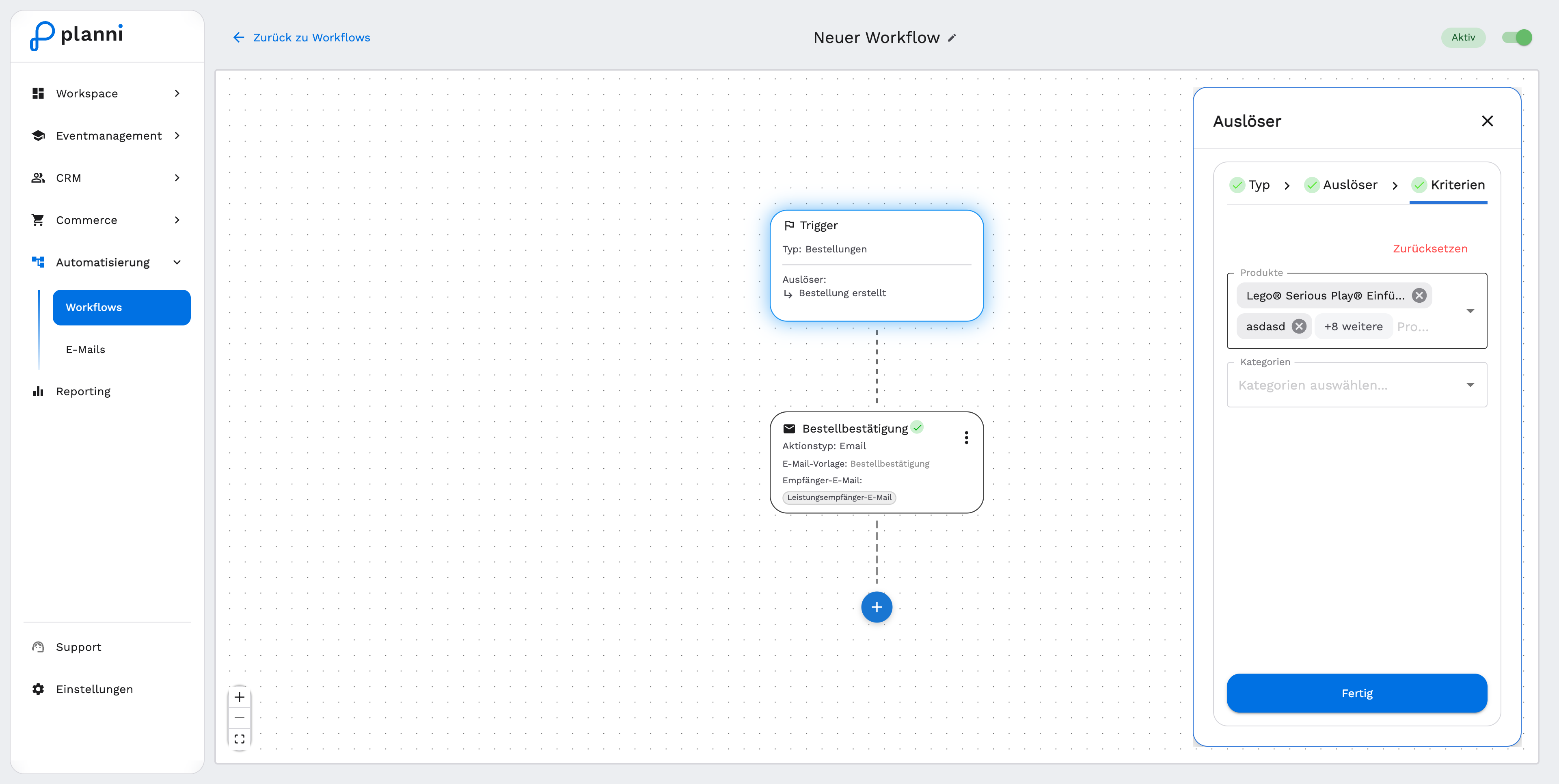 Workflow-Editor mit Trigger-Karte und Panel Auslöser