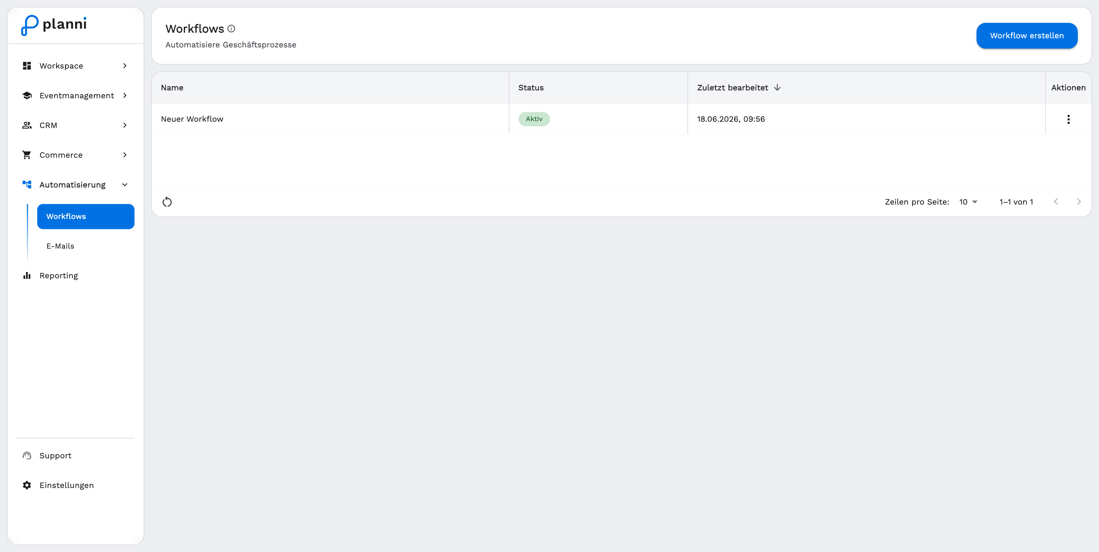 Workflow-Liste mit Status und Aktionen